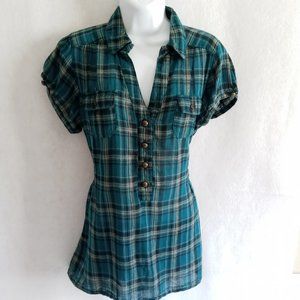 Street Flower Hunter Green Plaid Top Size Large